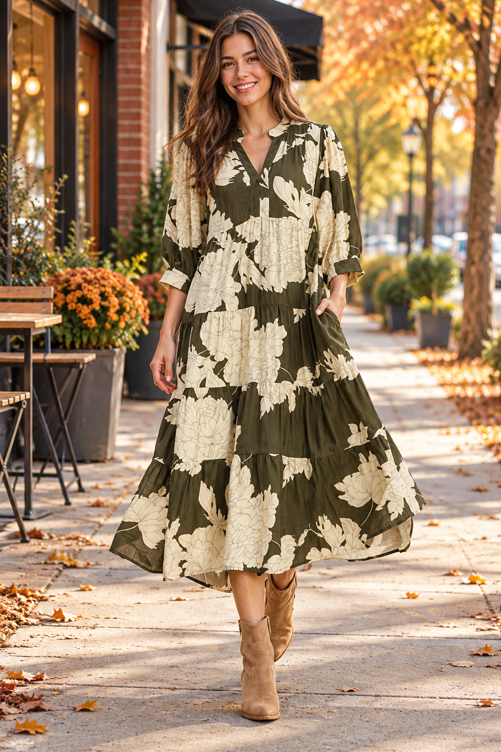 Umgee Olive cream pockets layer dress