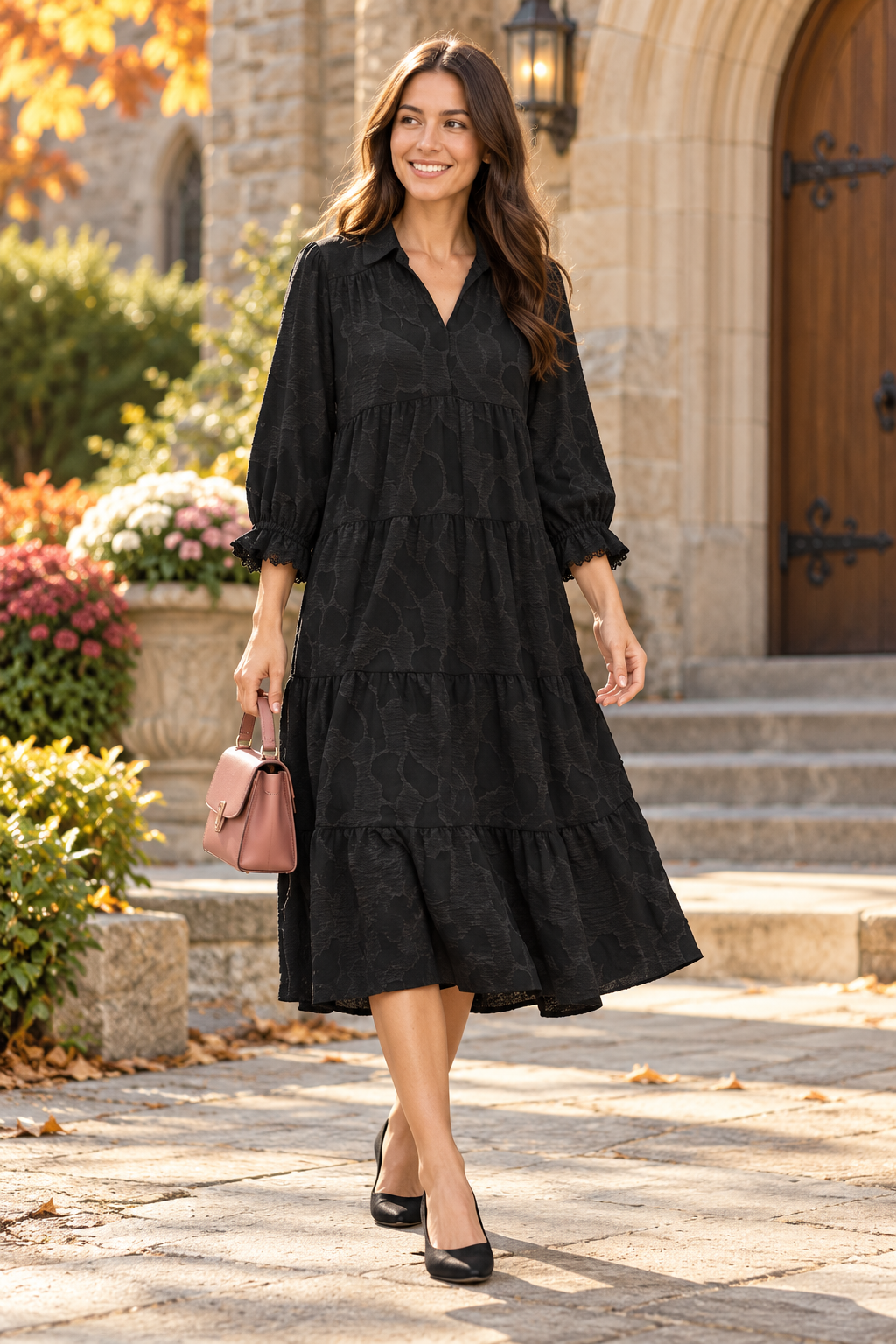 Umgee black detailed pockets midi dress