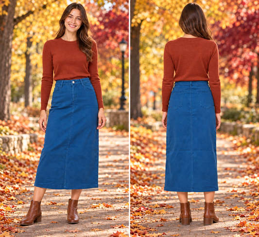 Teal long denim skirt Be Girl stretch denim