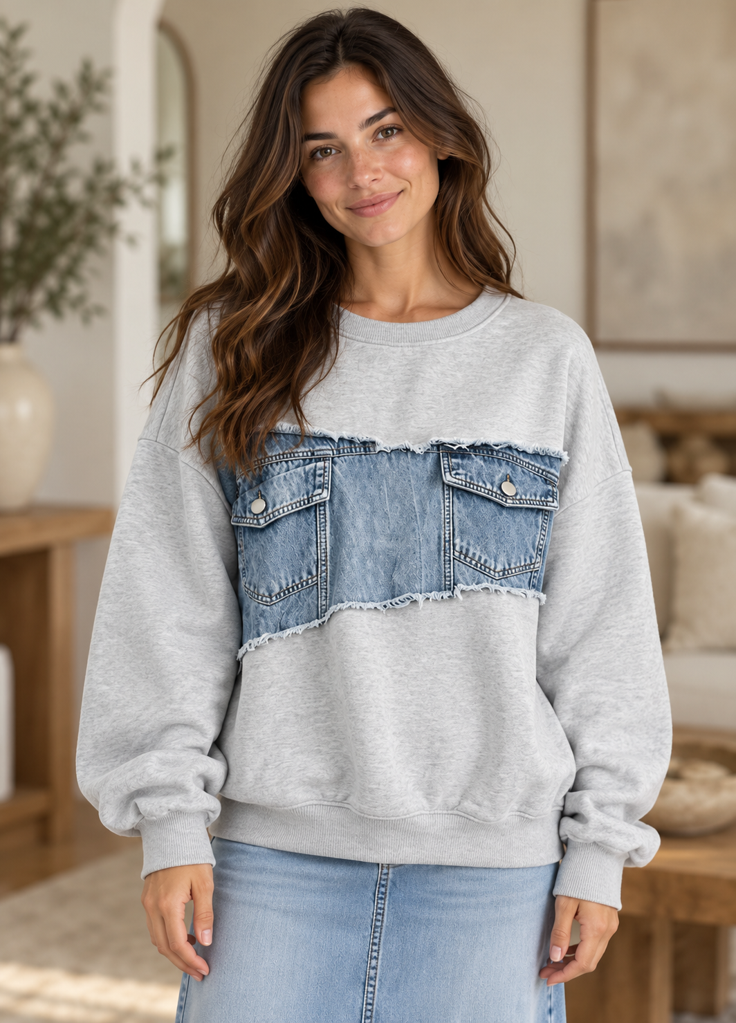Full Size Denim Printed Dropped Shoulder Sweatshirt size xsmall-5x