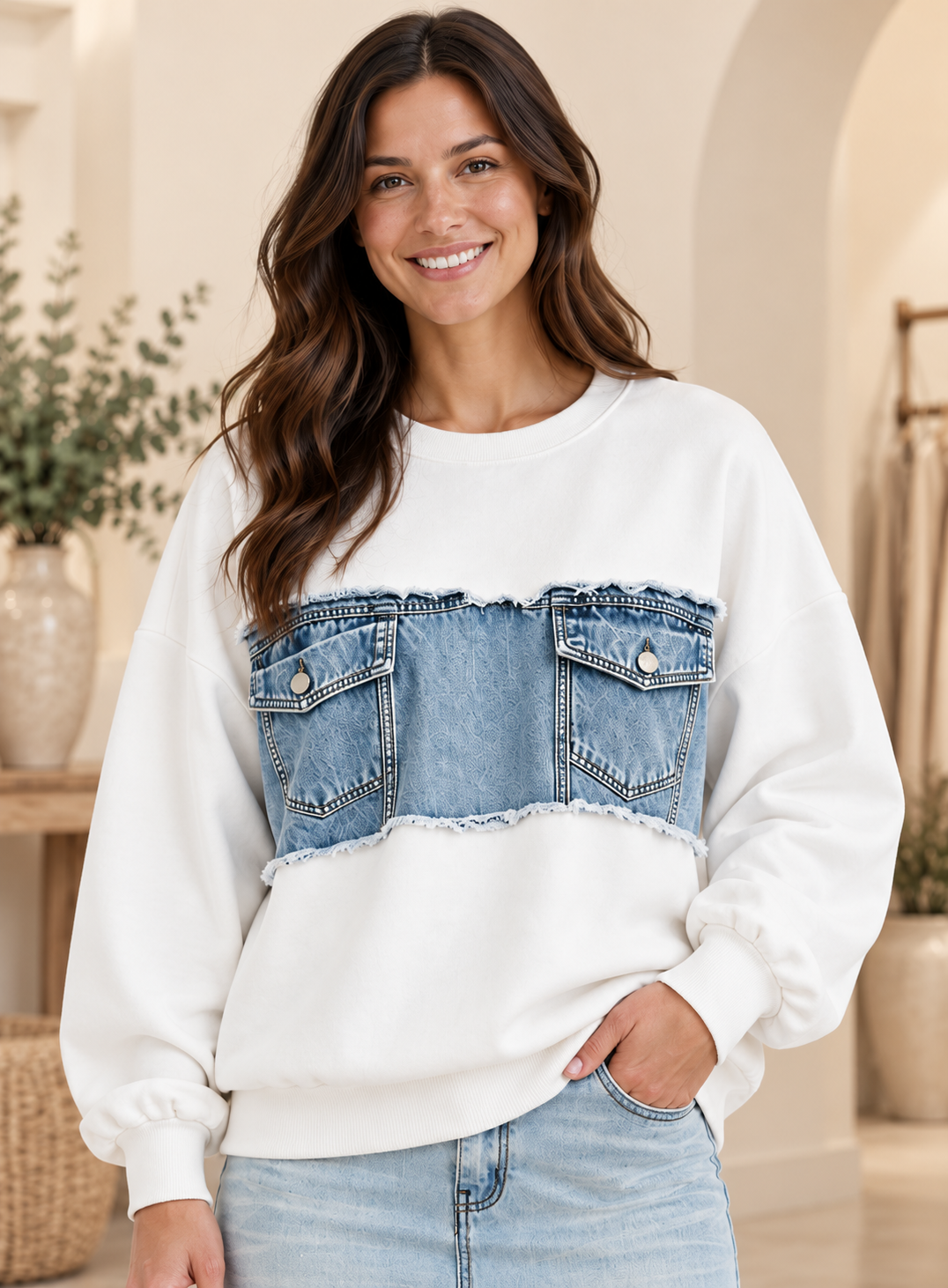 Full Size Denim Printed Dropped Shoulder Sweatshirt size xsmall-5x