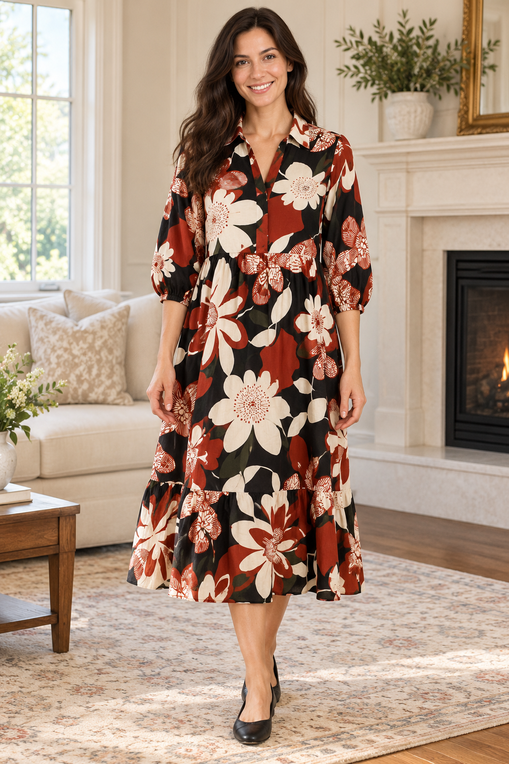 Umgee cooper black floral midi dress