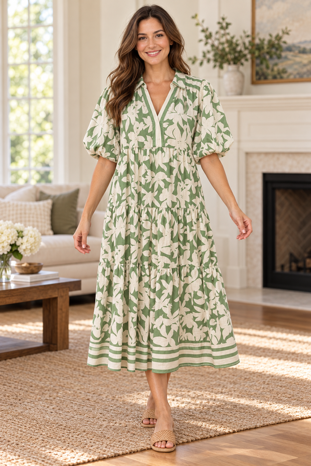 Umgee green cream floral midi