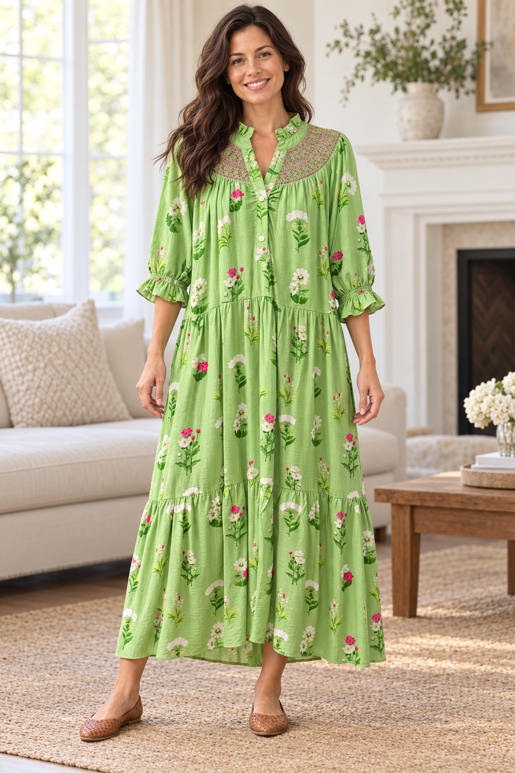 Umgee green pink floral pocketed dress