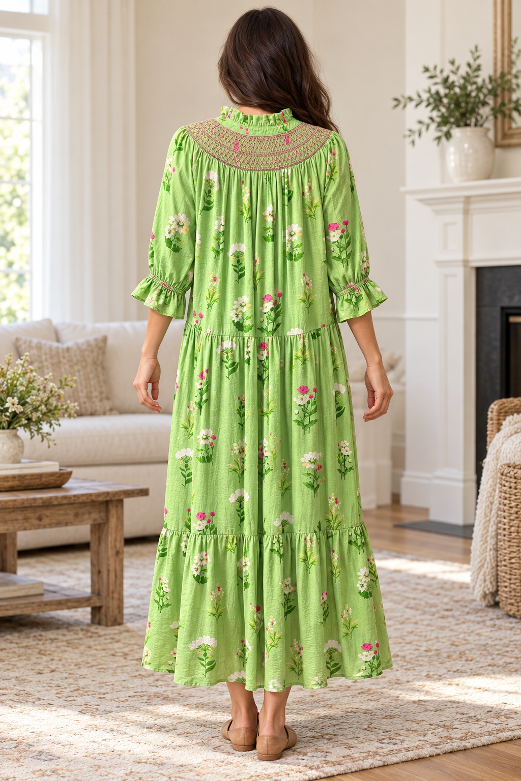 Umgee green pink floral pocketed dress