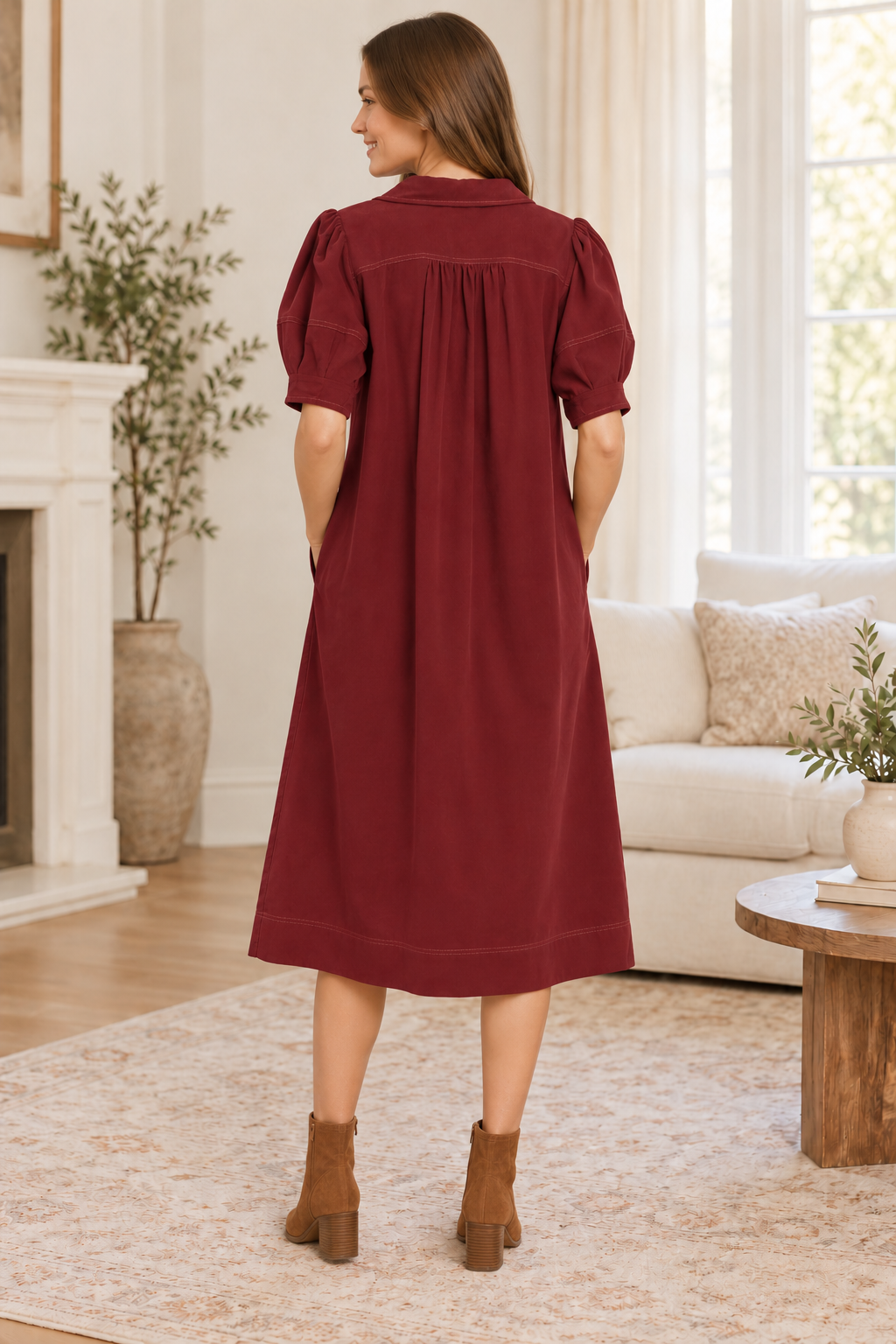 Umgee cranberry corduroy pocket easy flow dress