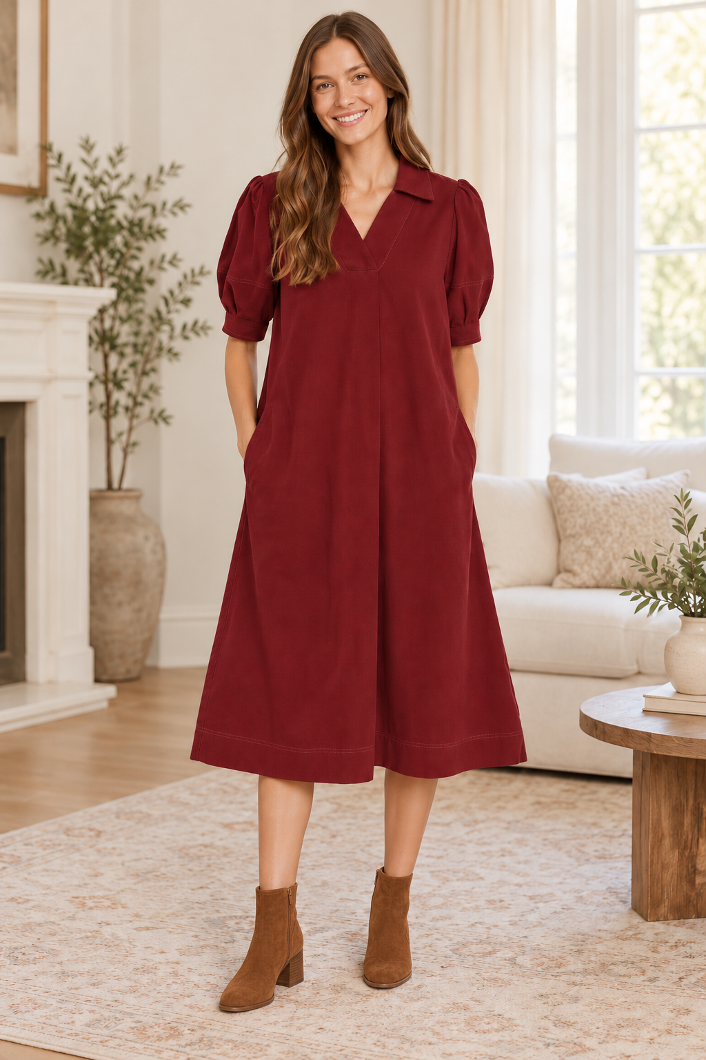 Umgee cranberry corduroy pocket easy flow dress