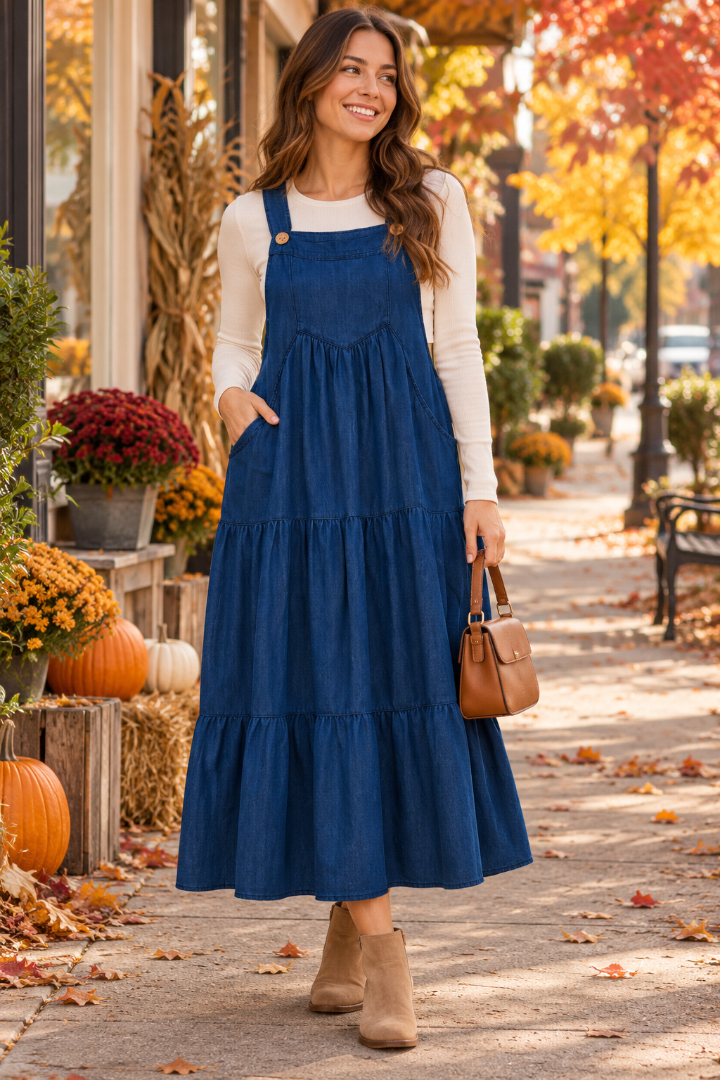 Oddi bibbed layered denim dress pockets