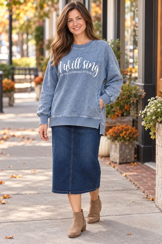 I will sing of the goodness of God pocketed sweatshirt