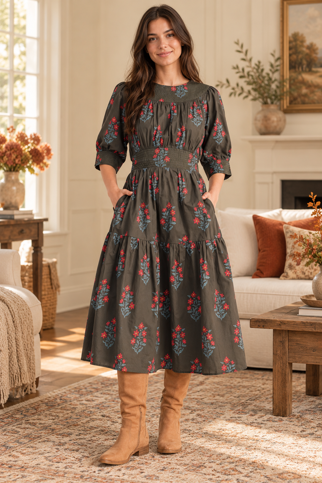 &Merci  olive green floral pockets midi dress
