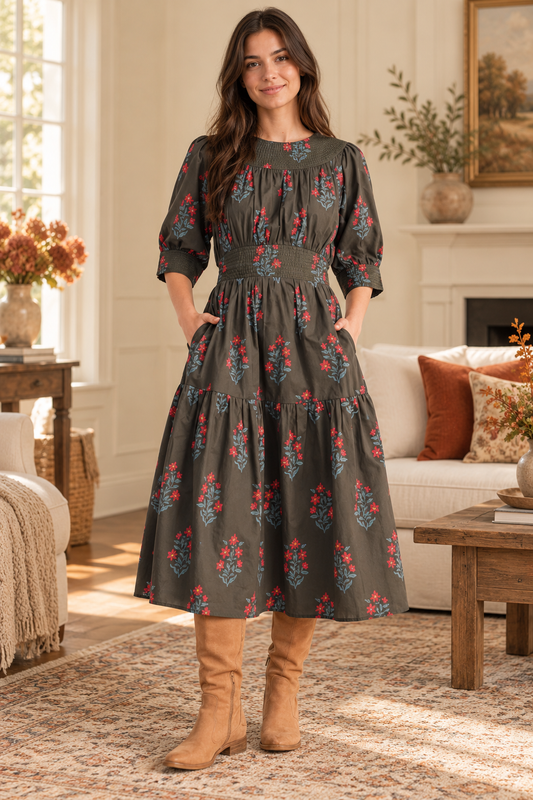 &Merci  olive green floral pockets midi dress