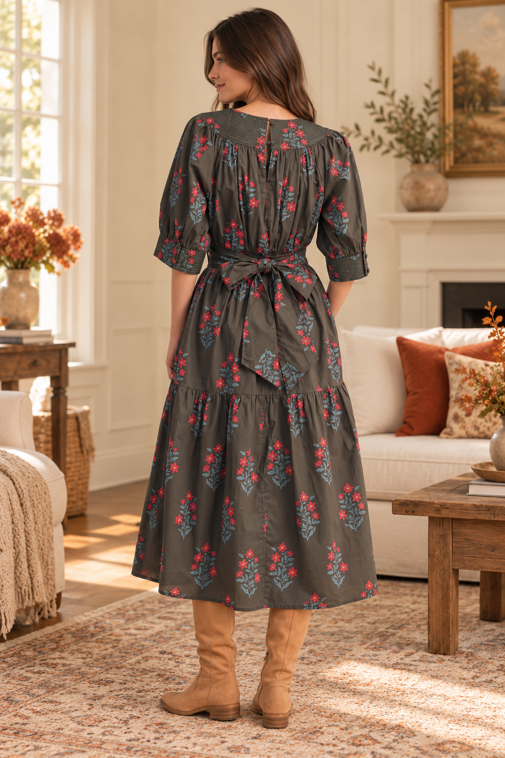 &Merci  olive green floral pockets midi dress