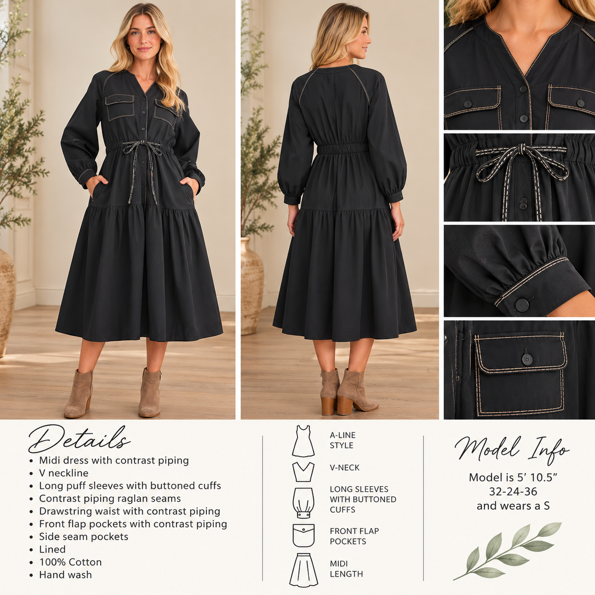 &Merci black midi dress pockets