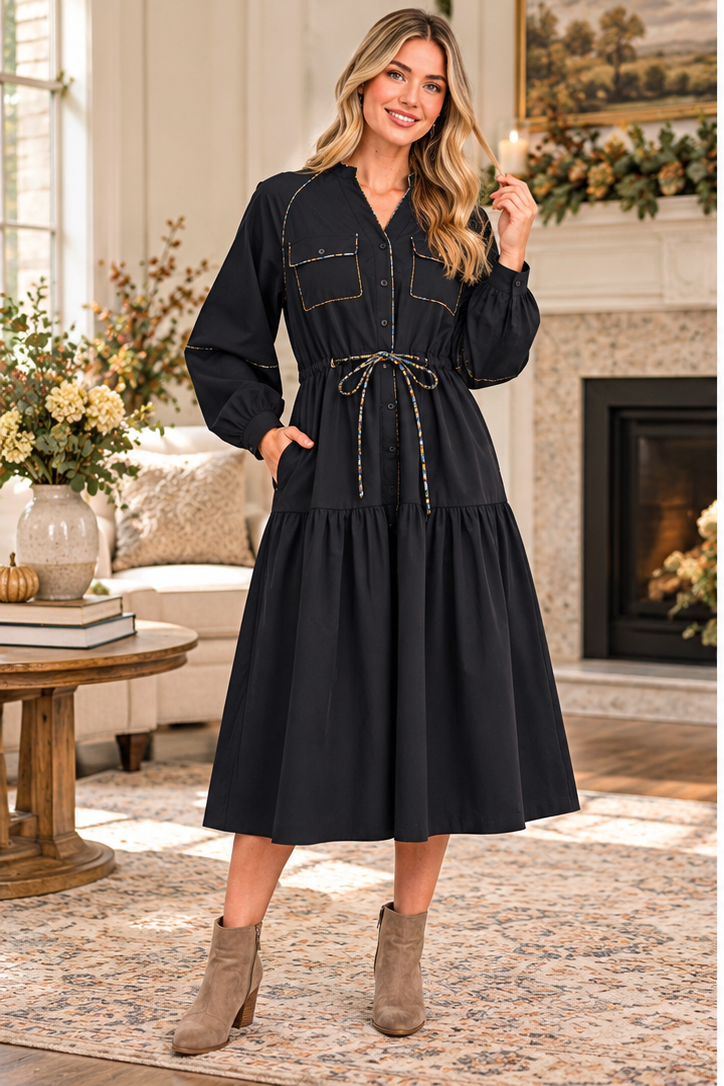 &Merci black midi dress pockets