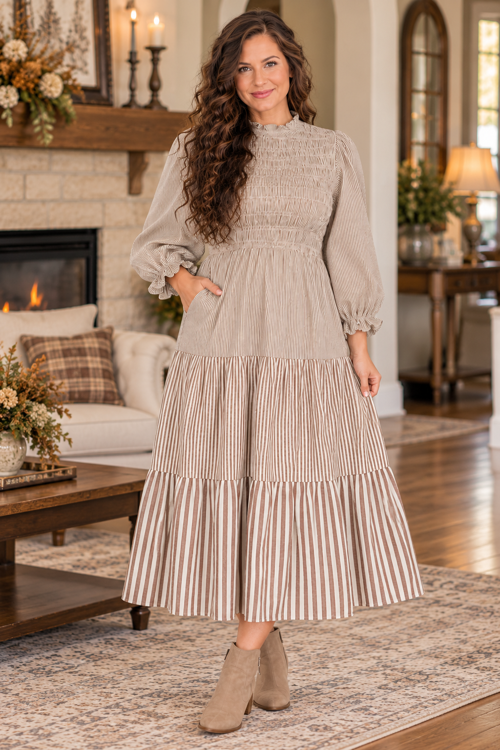 Peace Love Line tan stripped midi dress pockets plus