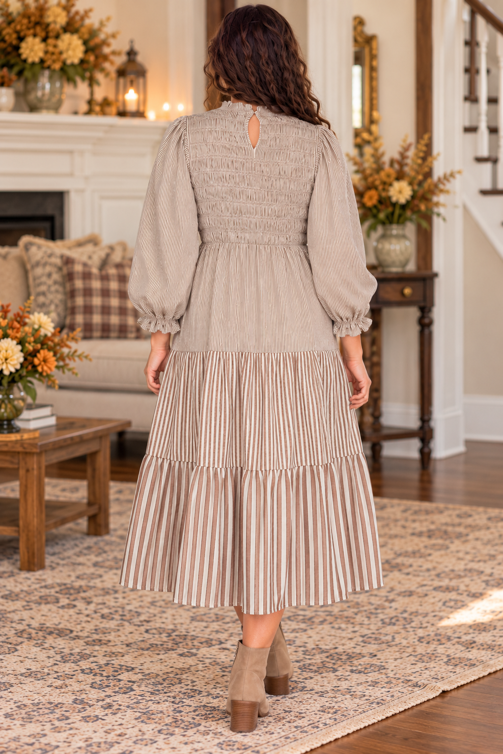 Peace Love Line tan stripped midi dress pockets plus