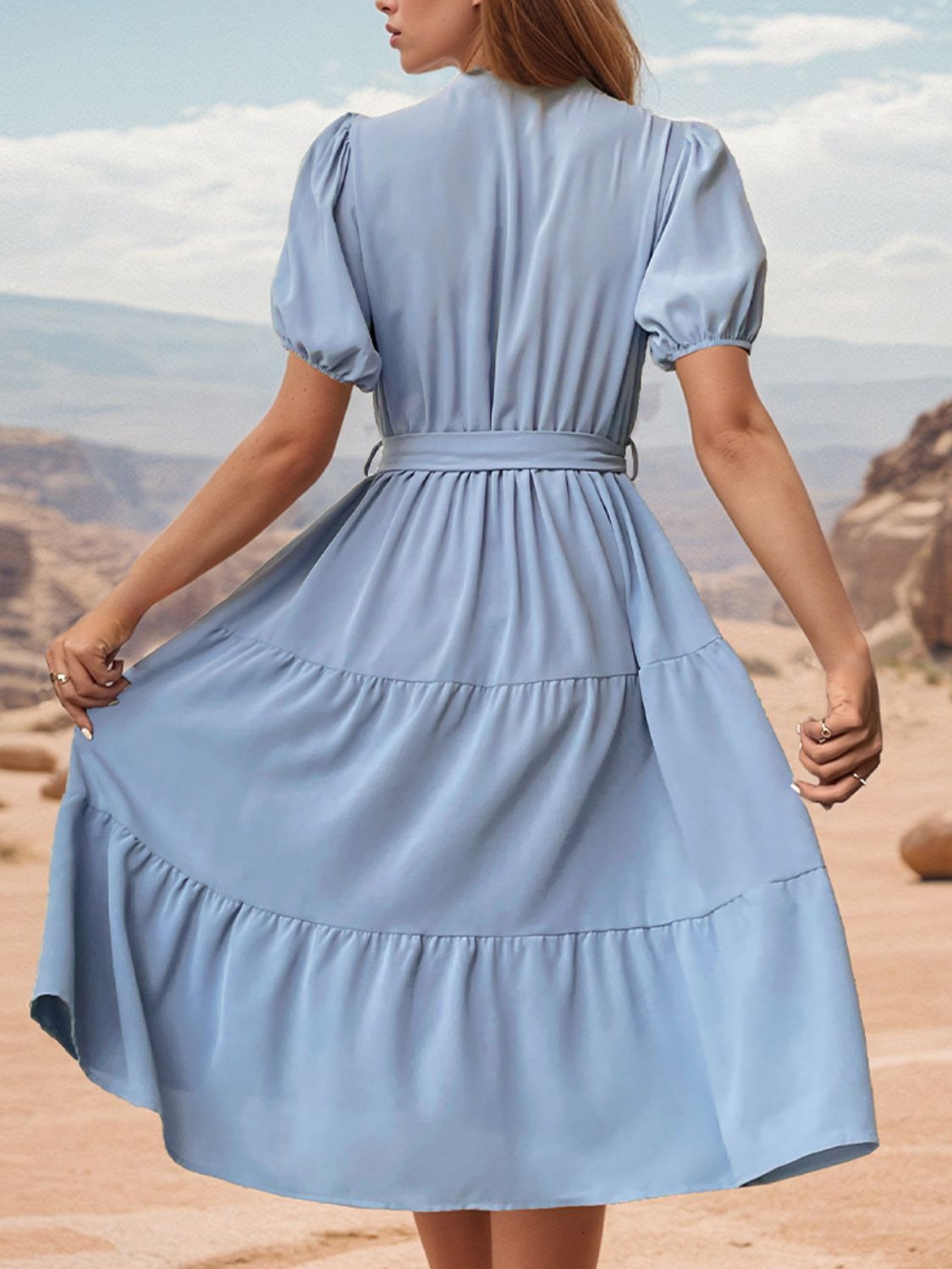 Perfee Tie Waist Puff Sleeve Midi Dress